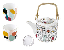 Načítať obrázok do zobrazovača galérie, Porcelánový set - čajník s dvomi pohárikmi a čajovým sitkom - MODERNISM - 600 ml + 2 x 160 ml
